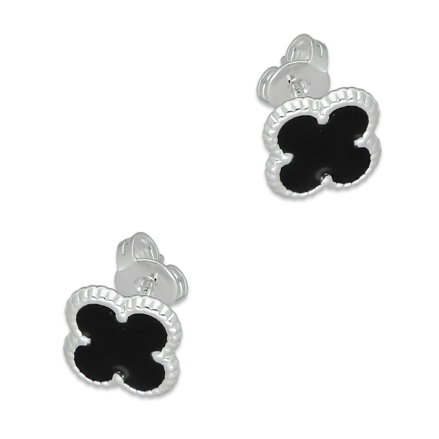 LPAP129 Arete Broquel Trébol Negro Esmalte 11 mm en Plata .925 Taxco