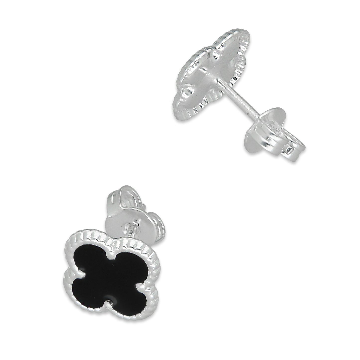 LPAP129 Arete Broquel Trébol Negro Esmalte 11 mm en Plata .925 Taxco