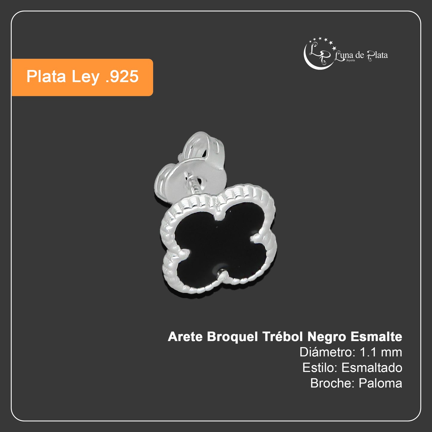 LPAP129 Arete Broquel Trébol Negro Esmalte 11 mm en Plata .925 Taxco