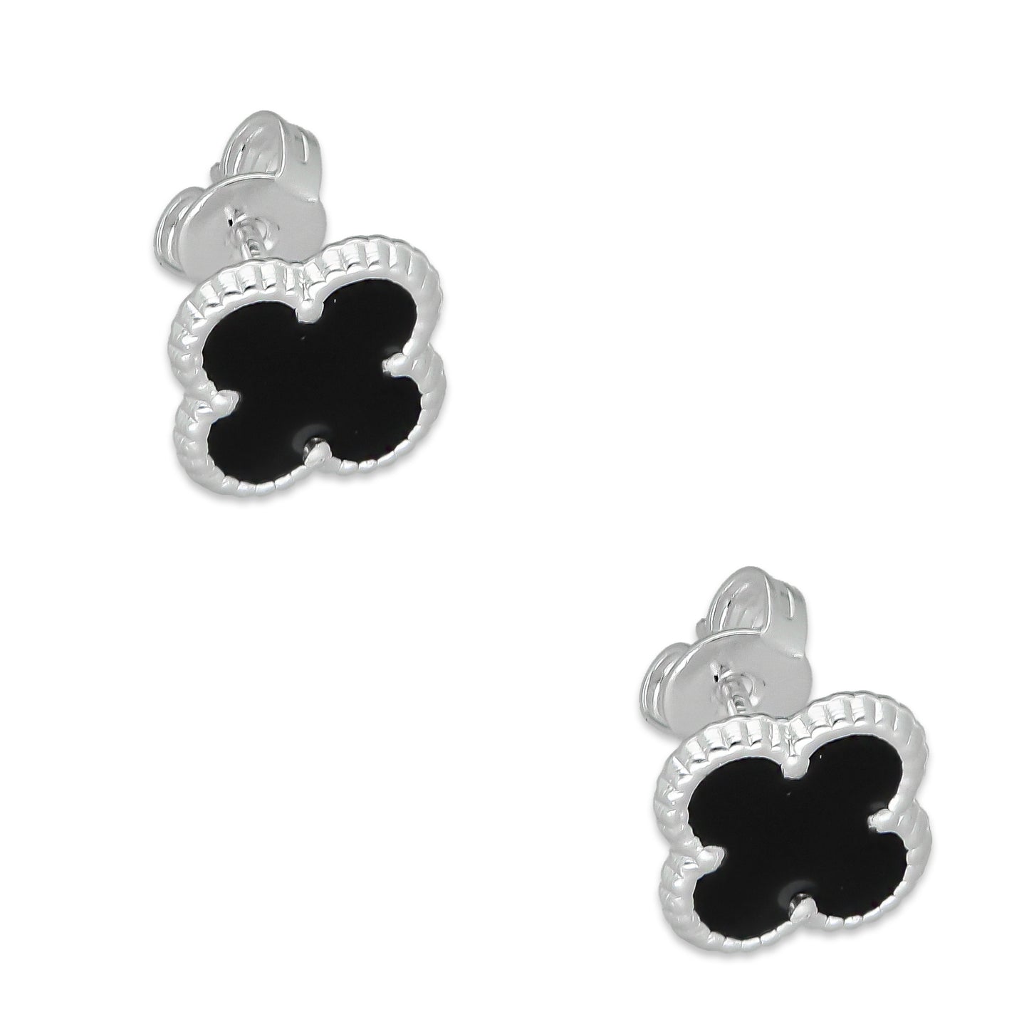 LPAP129 Arete Broquel Trébol Negro Esmalte 11 mm en Plata .925 Taxco