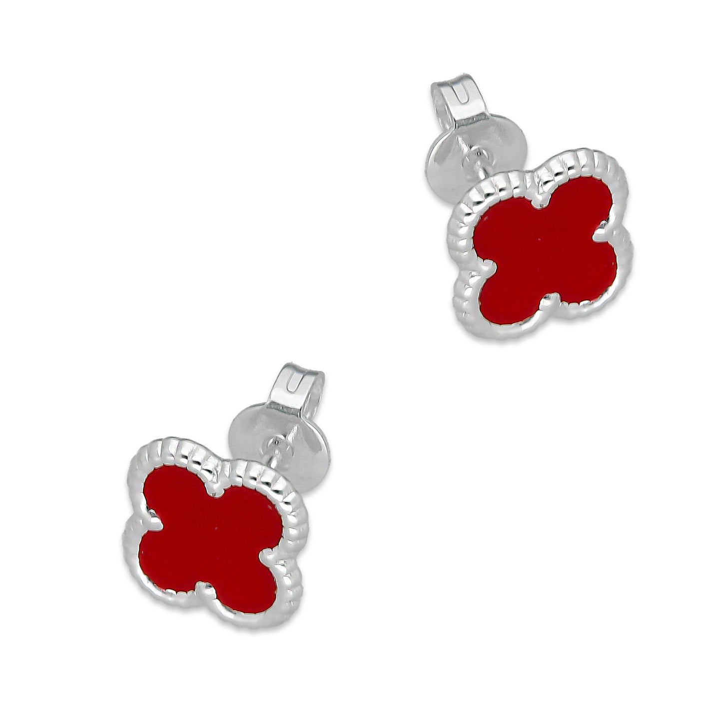 LPAP130 Arete Broquel Trébol Rojo Esmalte 11 mm en Plata .925 Taxco