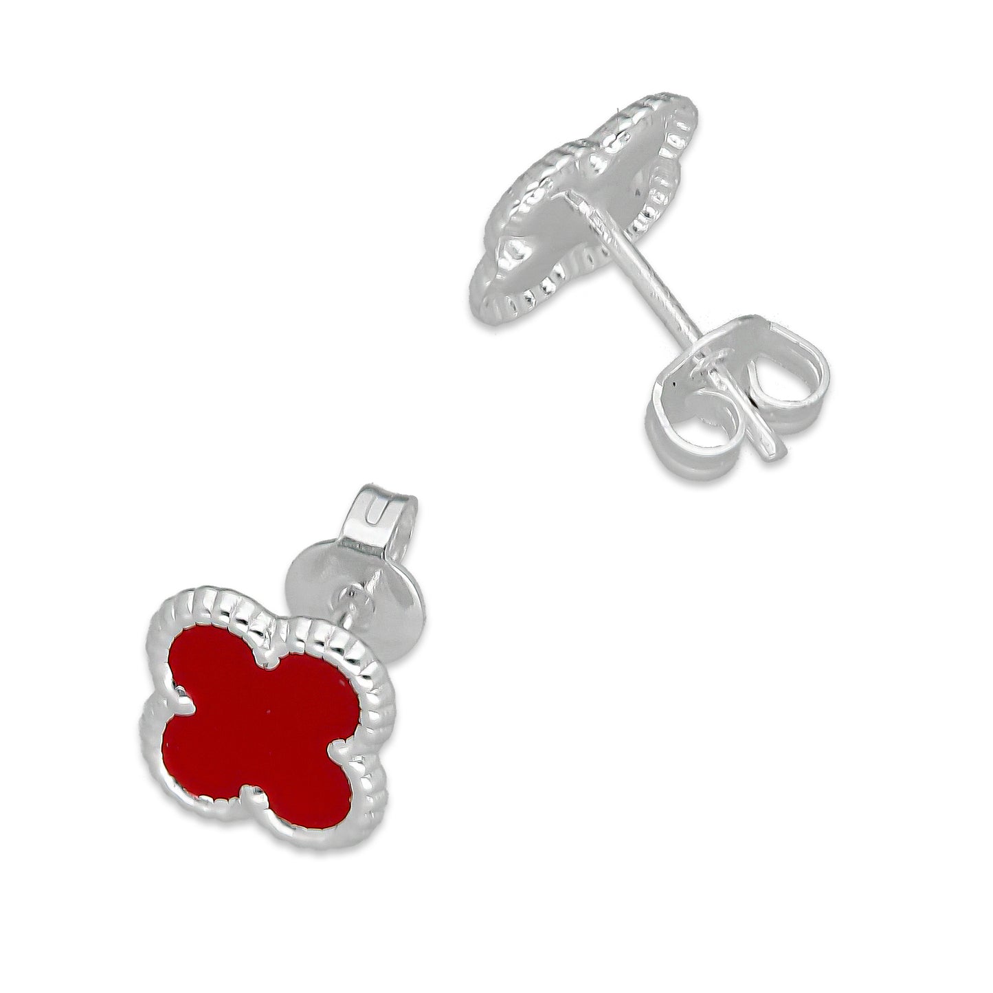 LPAP130 Arete Broquel Trébol Rojo Esmalte 11 mm en Plata .925 Taxco