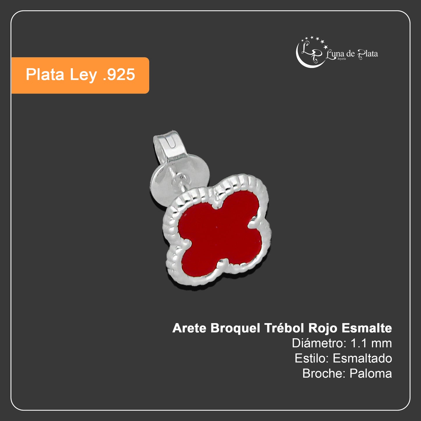 LPAP130 Arete Broquel Trébol Rojo Esmalte 11 mm en Plata .925 Taxco