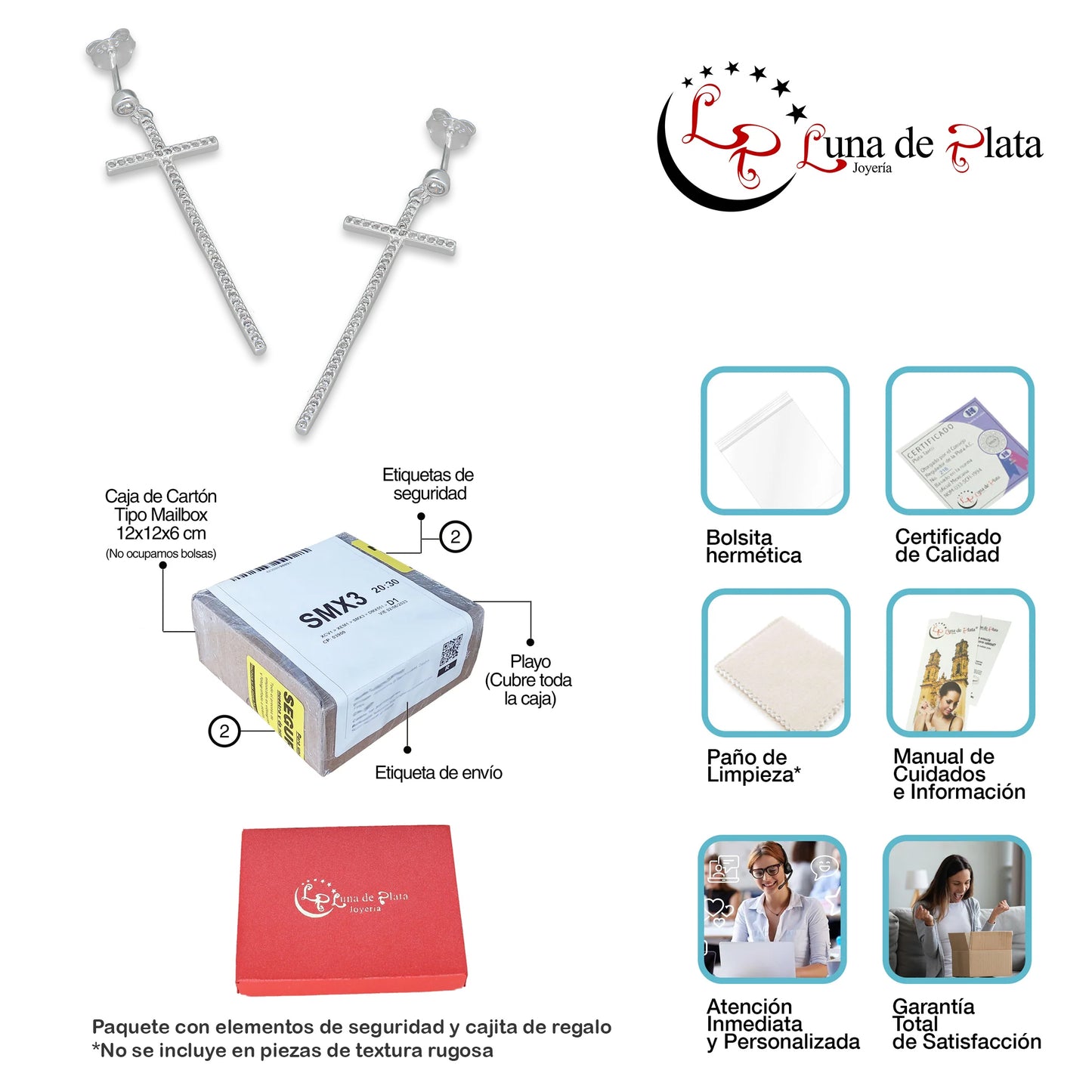 LPAP131 Arete Broquel Cruz Colgante Slim Zirconia en Plata .925 Taxco