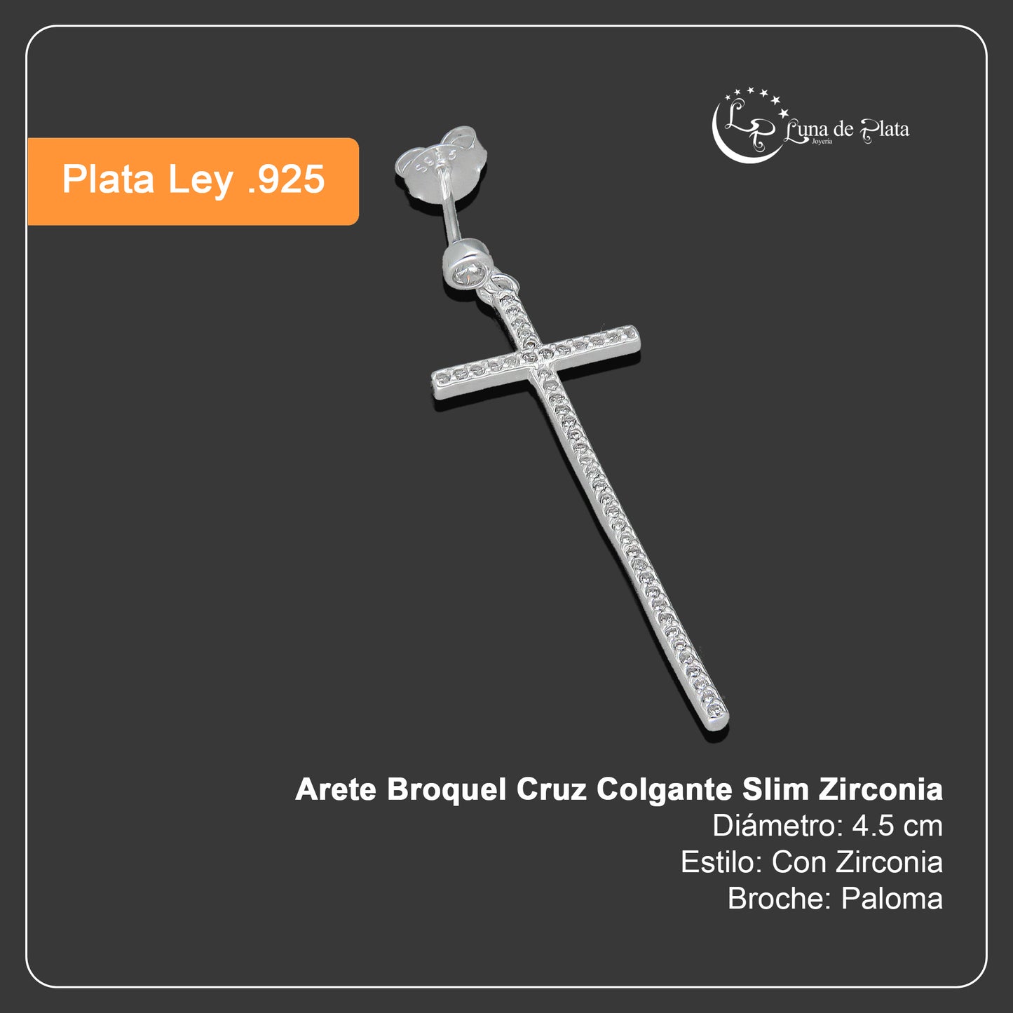 LPAP131 Arete Broquel Cruz Colgante Slim Zirconia en Plata .925 Taxco