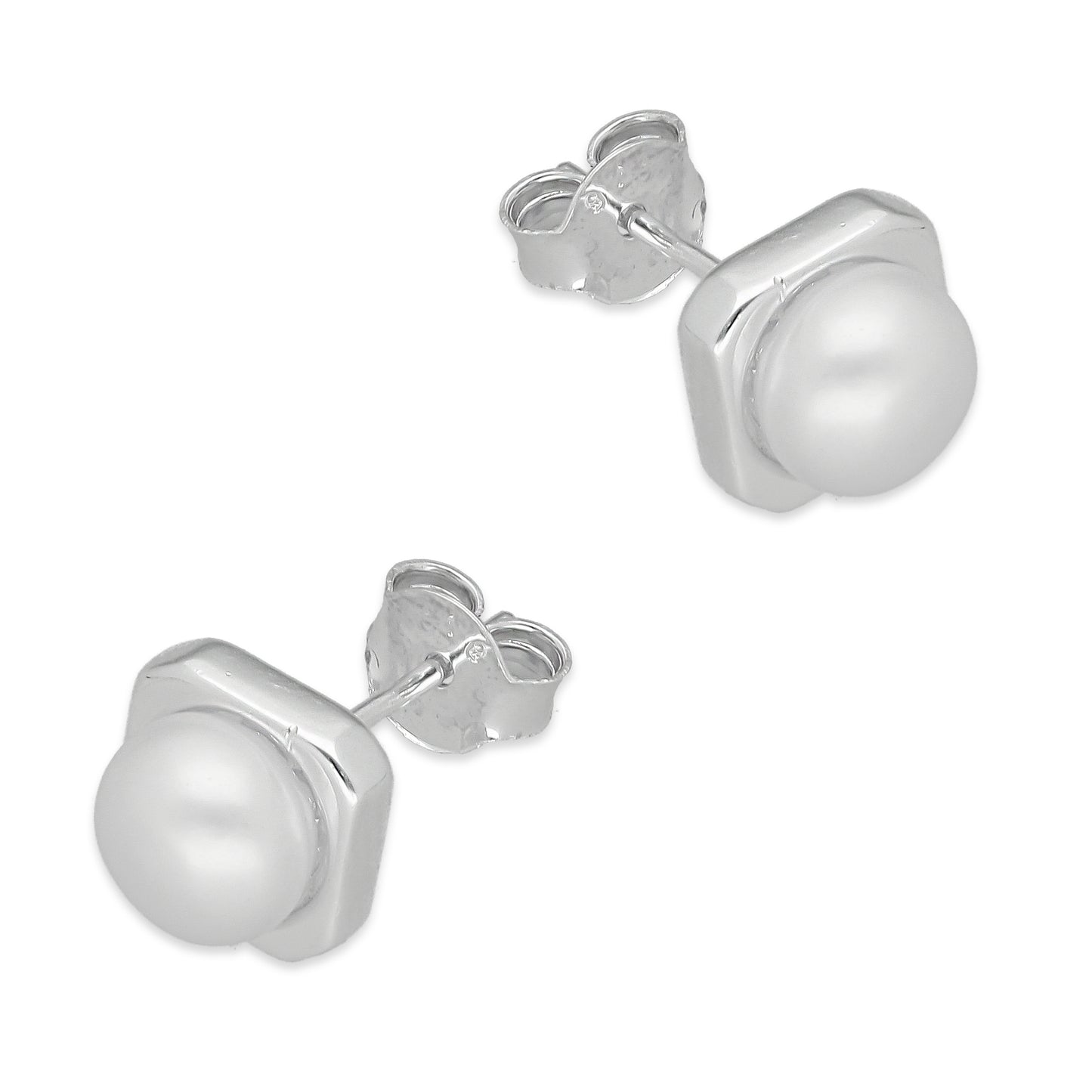 LPAP132 Arete Broquel Perla 6 mm Bisel Liso Cuadrado en Plata .925 Taxco