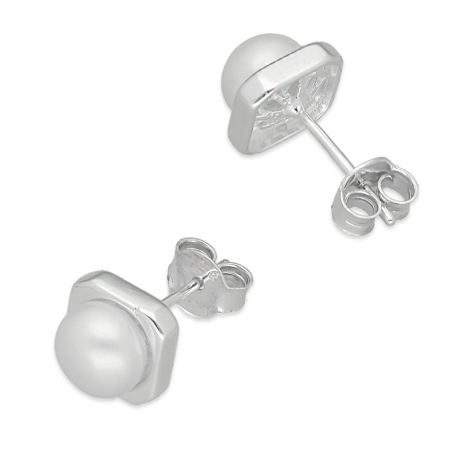 LPAP132 Arete Broquel Perla 6 mm Bisel Liso Cuadrado en Plata .925 Taxco