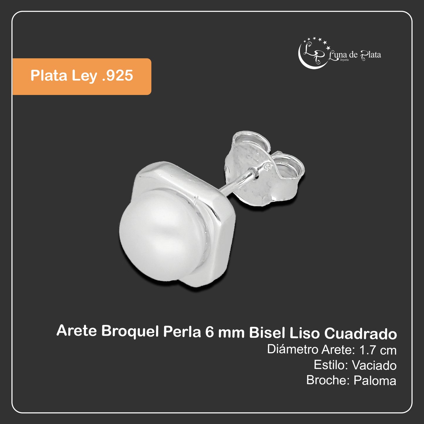 LPAP132 Arete Broquel Perla 6 mm Bisel Liso Cuadrado en Plata .925 Taxco