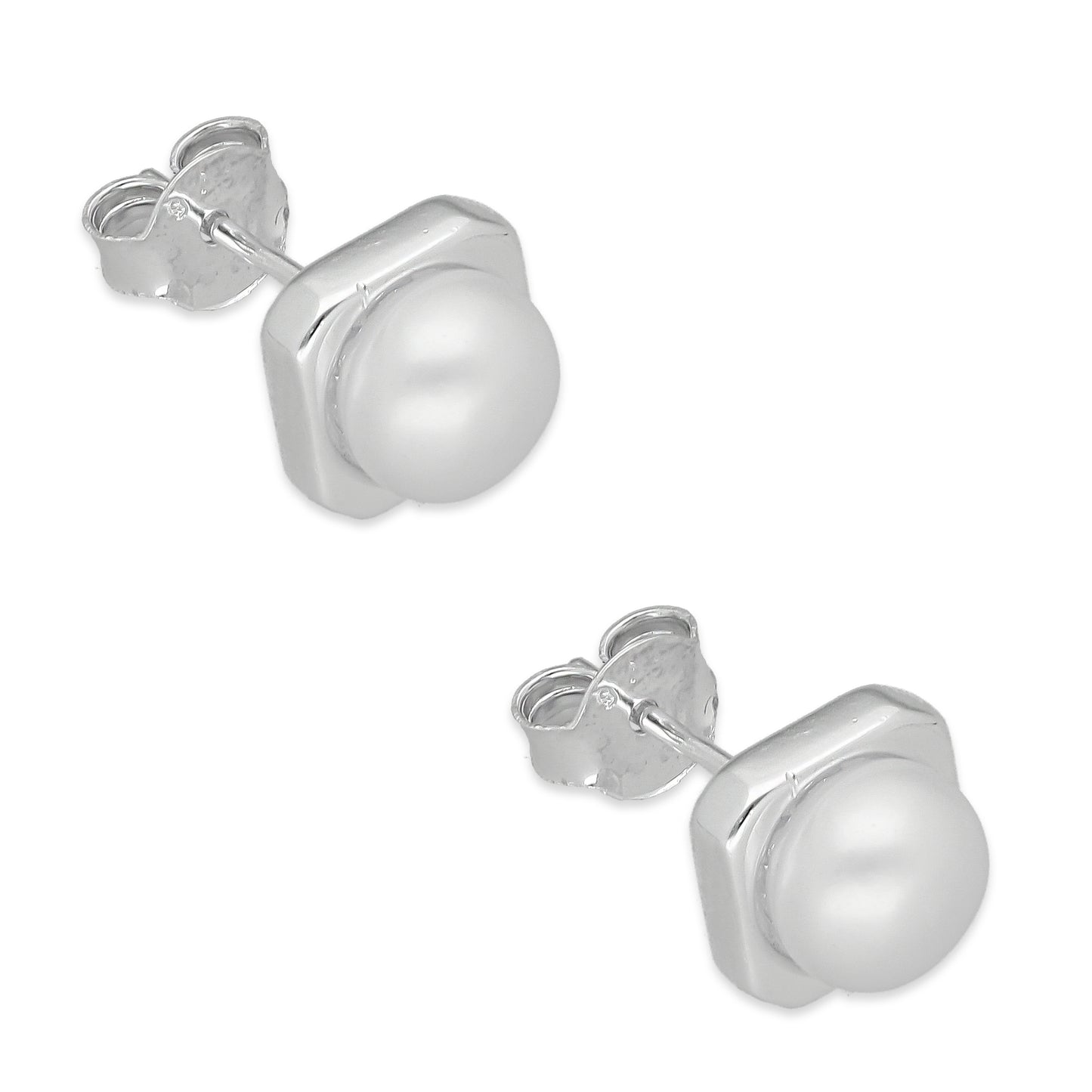 LPAP132 Arete Broquel Perla 6 mm Bisel Liso Cuadrado en Plata .925 Taxco