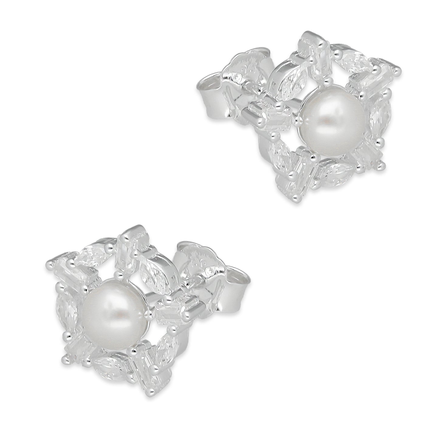 LPAP134 Arete Broquel Perla 6 mm Copo de Nieve con Zirconias en Plata .925 Taxco