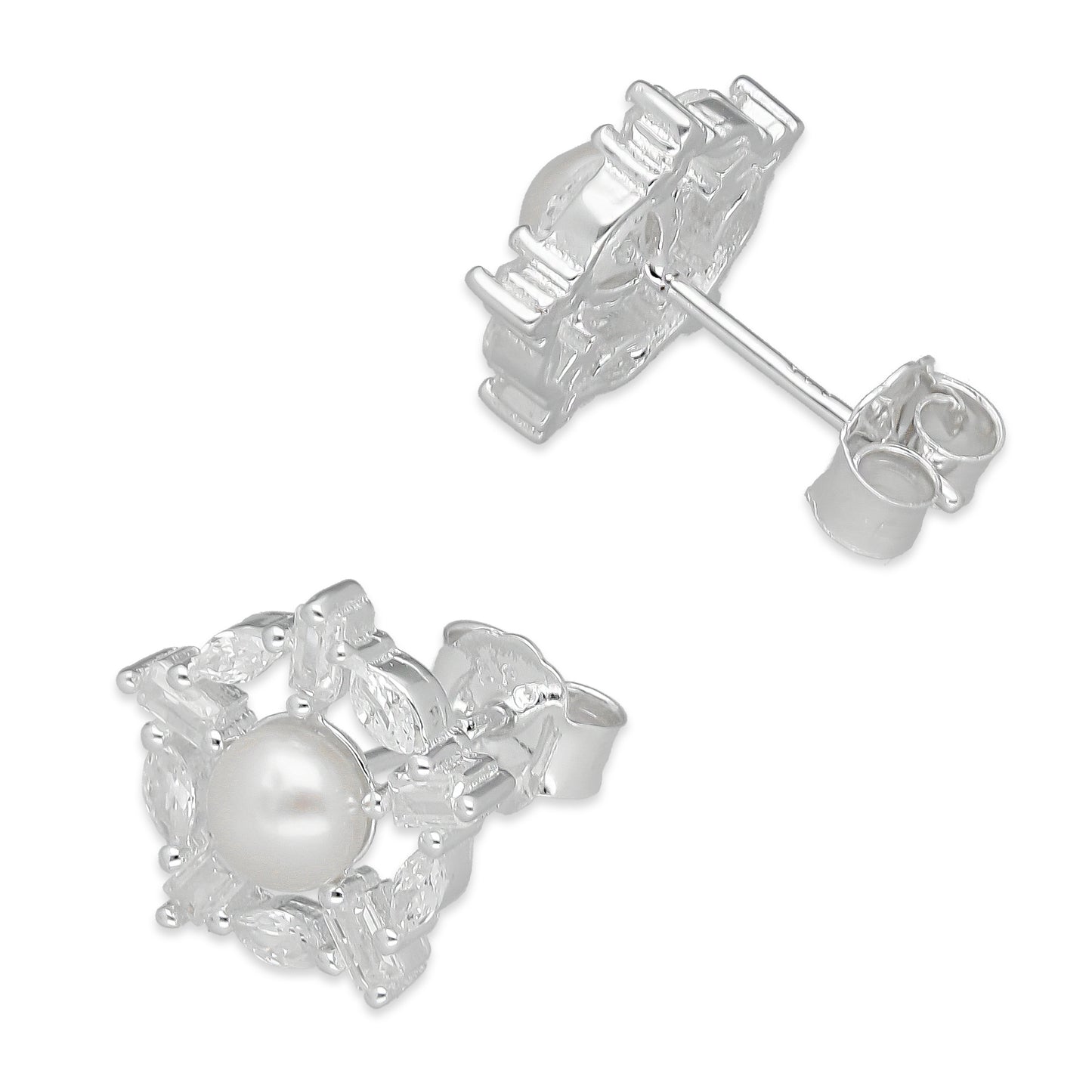 LPAP134 Arete Broquel Perla 6 mm Copo de Nieve con Zirconias en Plata .925 Taxco
