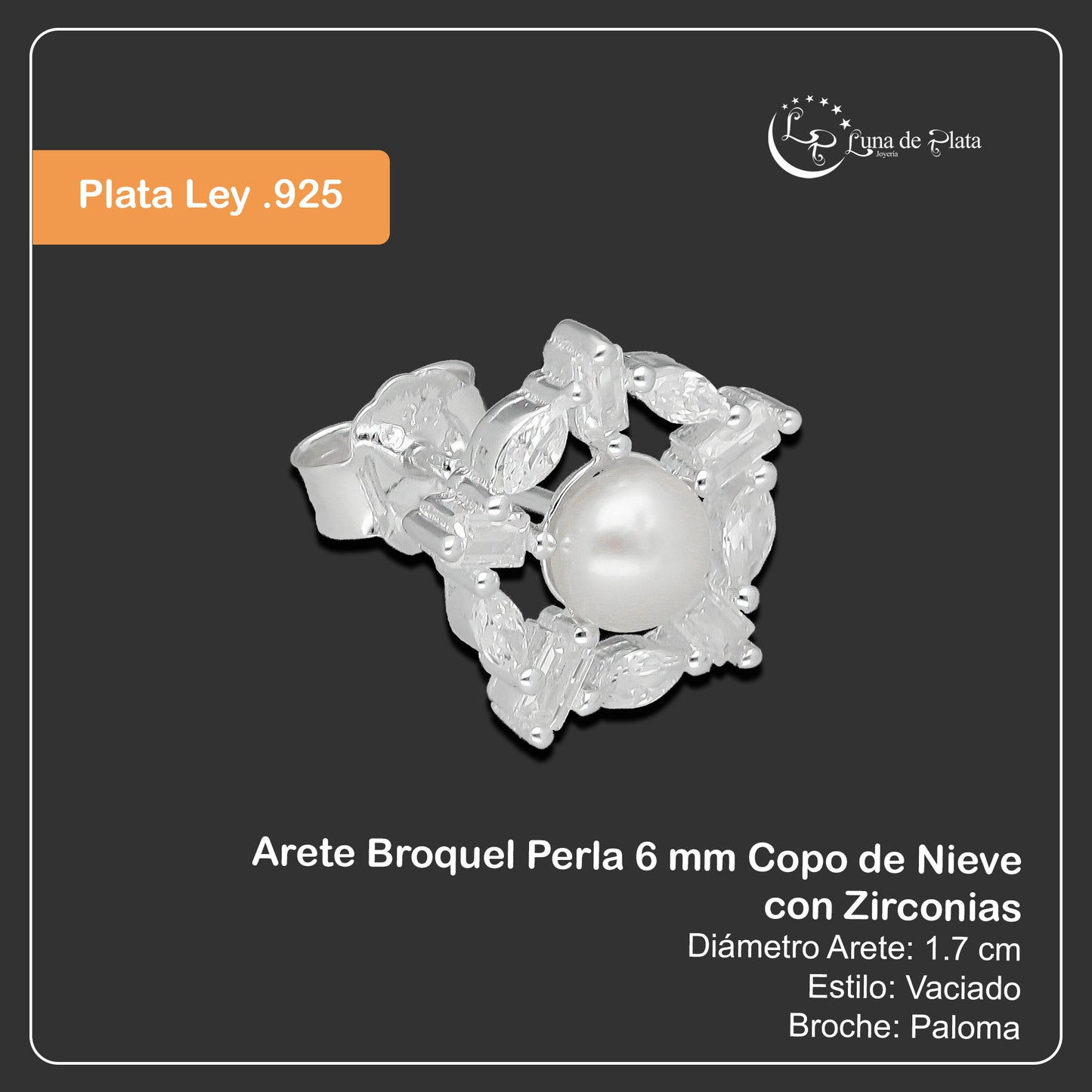 LPAP134 Arete Broquel Perla 6 mm Copo de Nieve con Zirconias en Plata .925 Taxco
