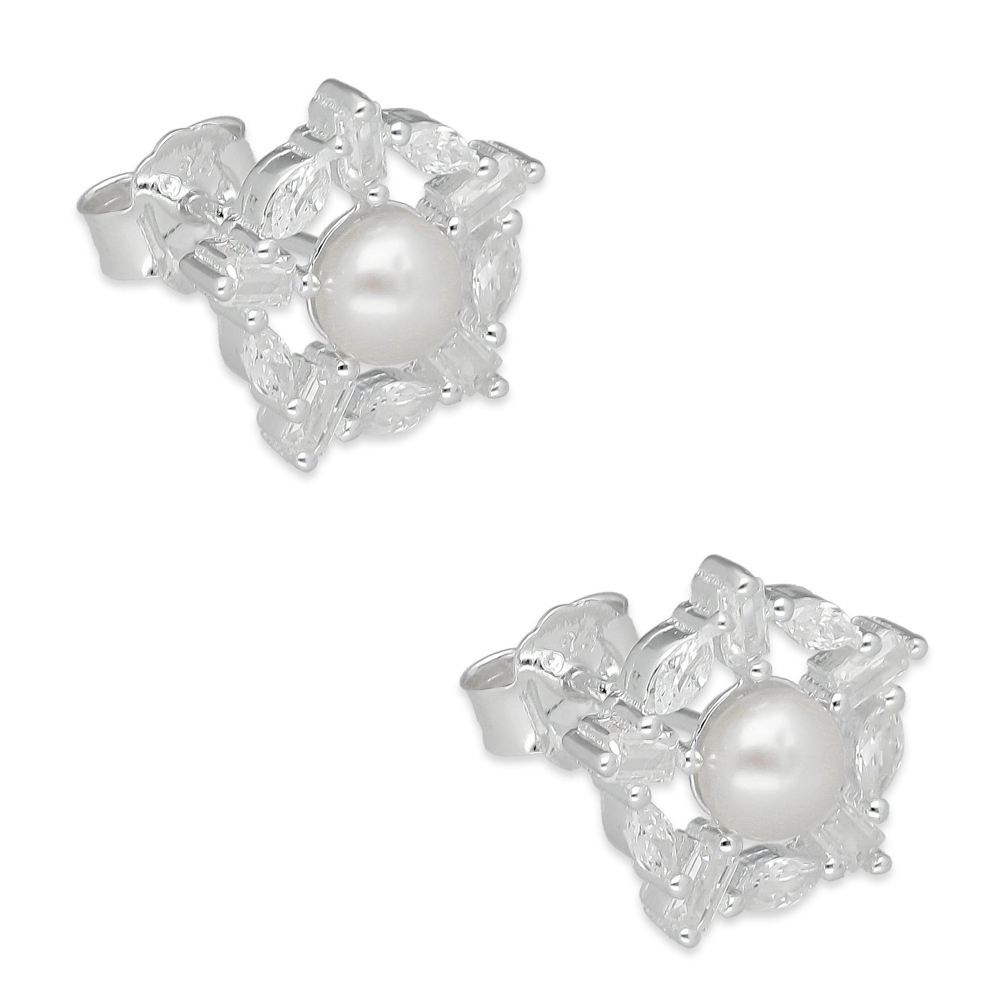 LPAP134 Arete Broquel Perla 6 mm Copo de Nieve con Zirconias en Plata .925 Taxco