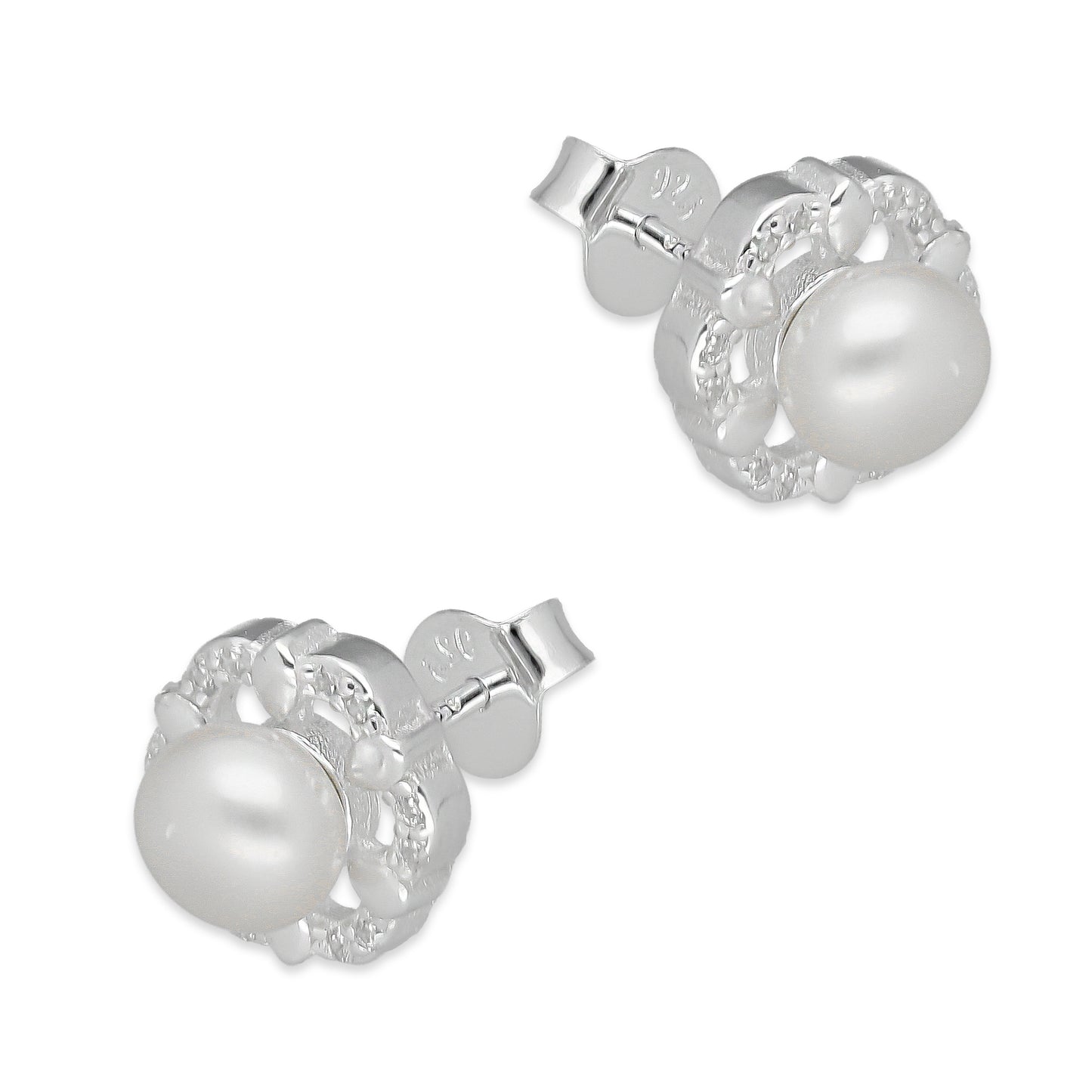 LPAP135 Arete Broquel Perla 6 mm Base Flor con Zirconias en Plata .925 Taxco