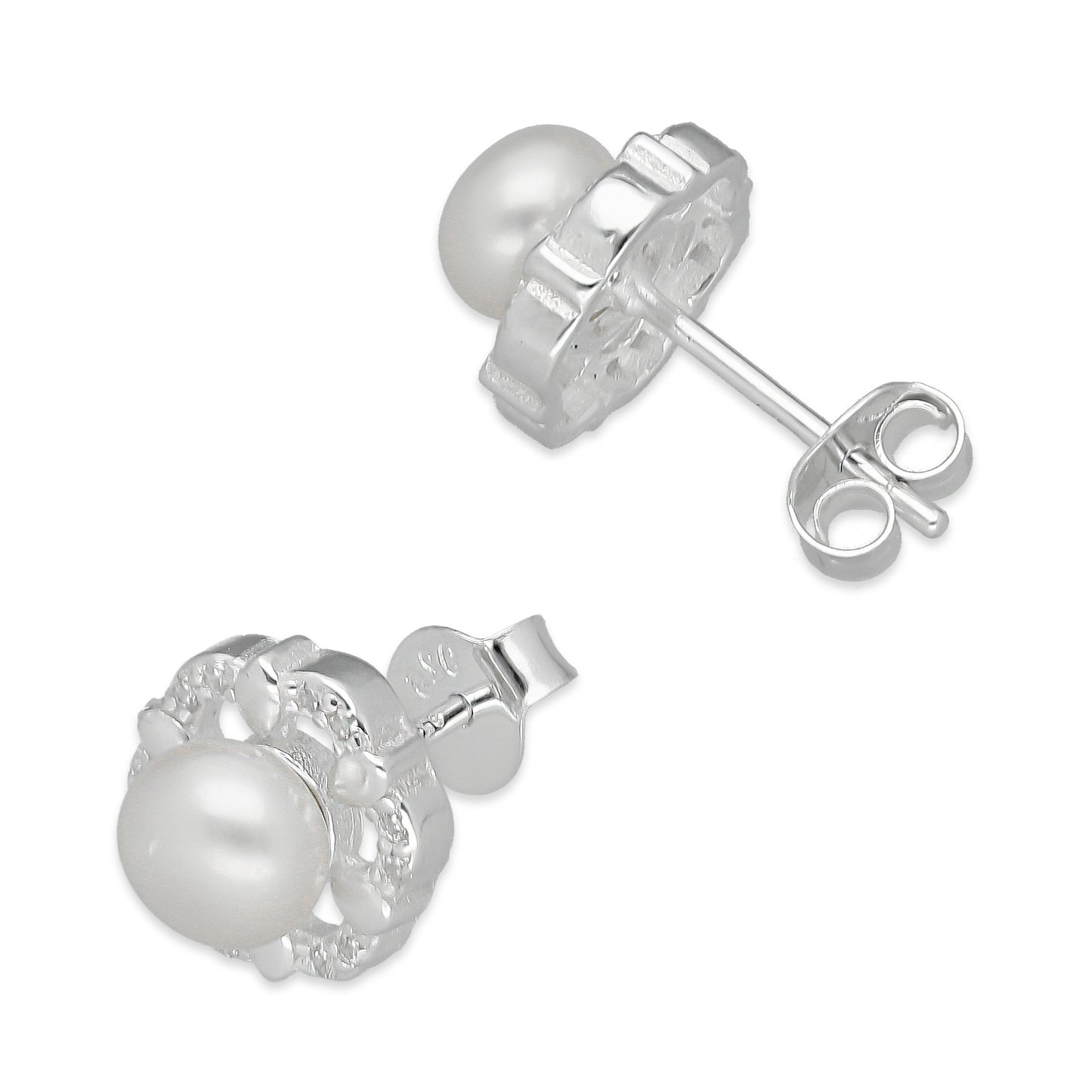 LPAP135 Arete Broquel Perla 6 mm Base Flor con Zirconias en Plata .925 Taxco