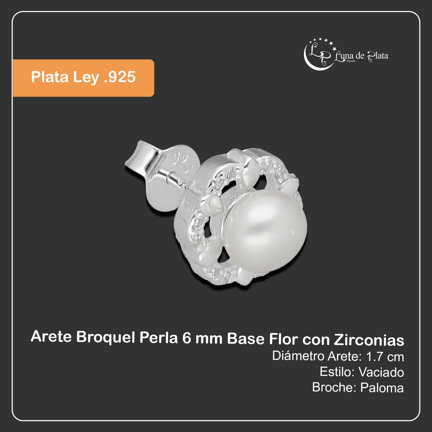 LPAP135 Arete Broquel Perla 6 mm Base Flor con Zirconias en Plata .925 Taxco