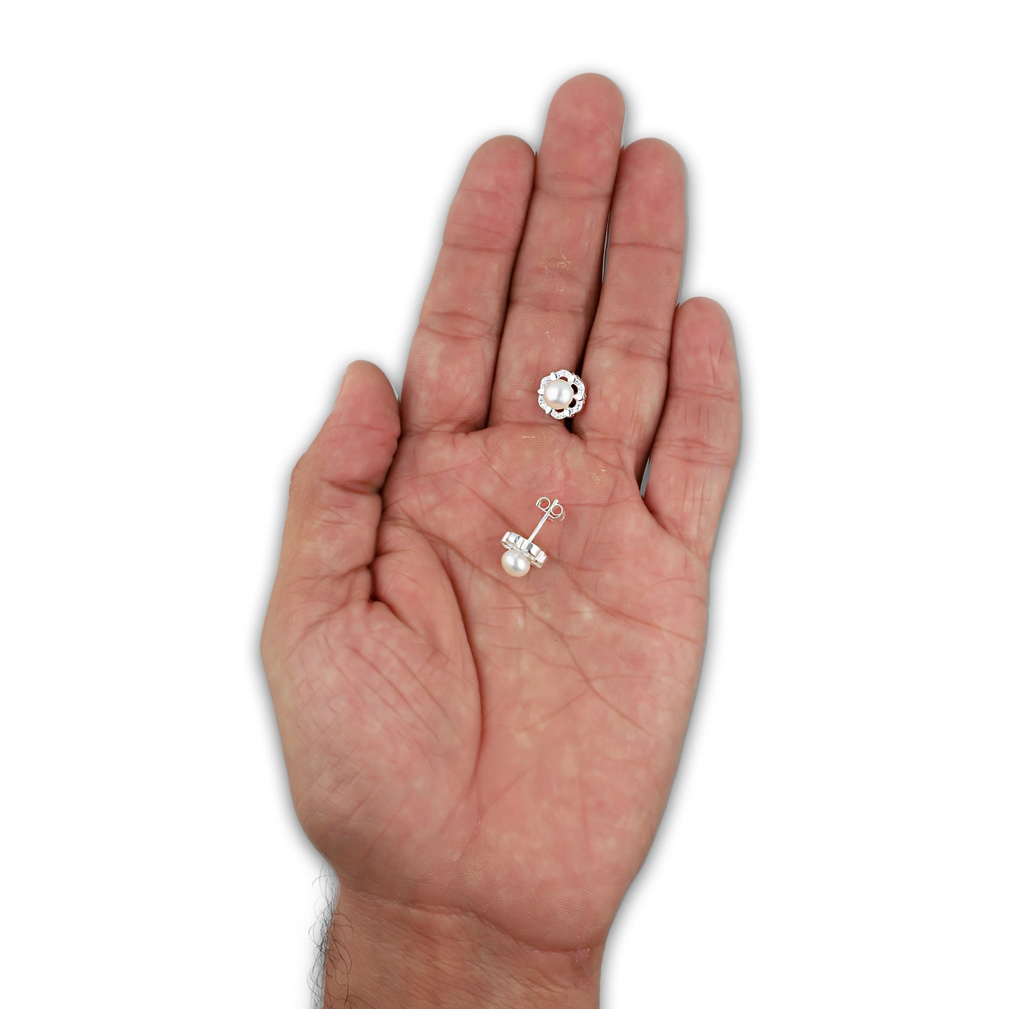 LPAP135 Arete Broquel Perla 6 mm Base Flor con Zirconias en Plata .925 Taxco