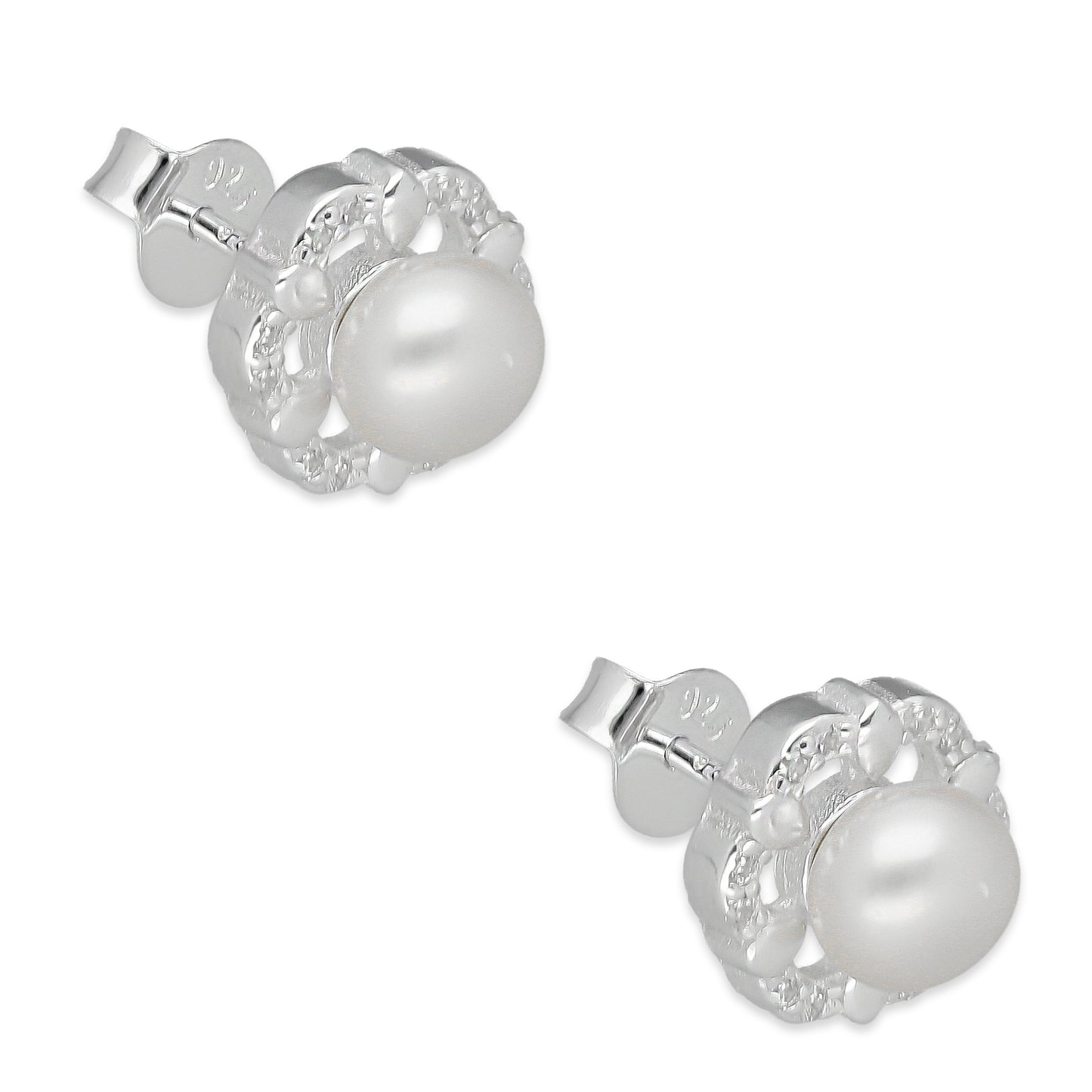 LPAP135 Arete Broquel Perla 6 mm Base Flor con Zirconias en Plata .925 Taxco