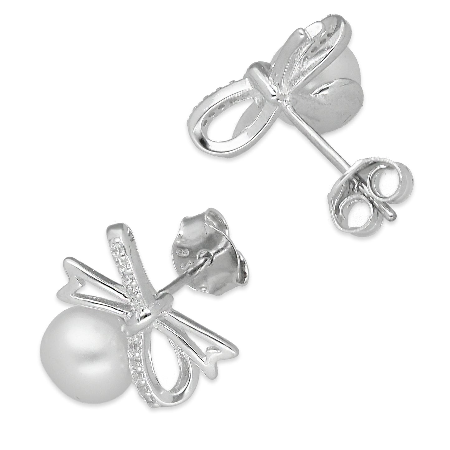 LPAP136 Arete Broquel Perla 6 mm Moñito con Zirconias en Plata .925 Taxco