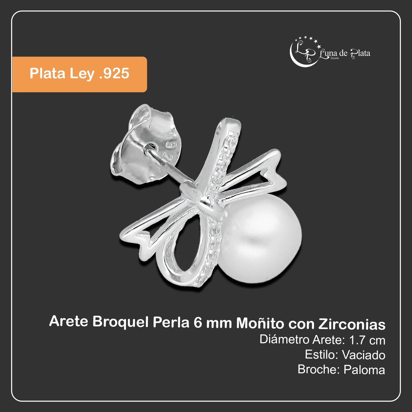LPAP136 Arete Broquel Perla 6 mm Moñito con Zirconias en Plata .925 Taxco