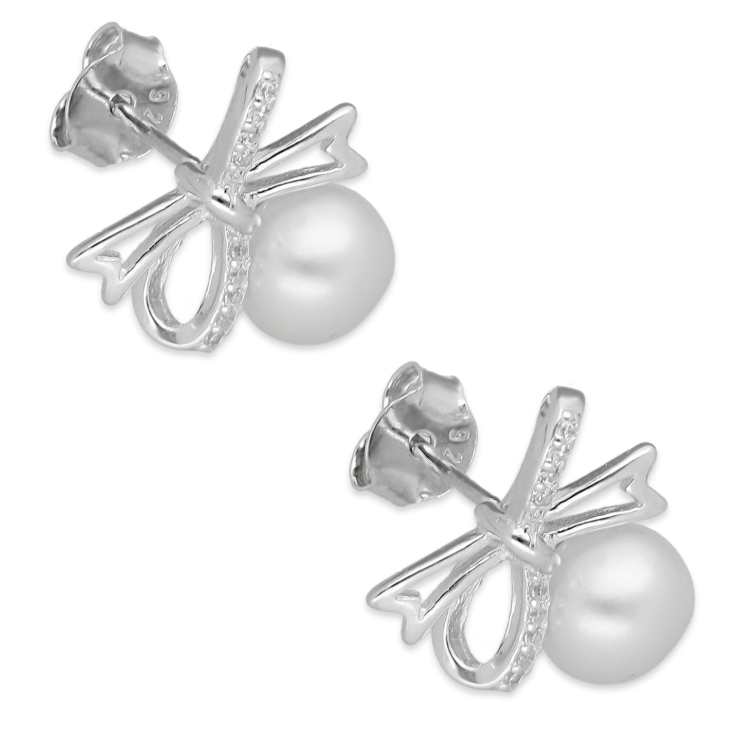 LPAP136 Arete Broquel Perla 6 mm Moñito con Zirconias en Plata .925 Taxco