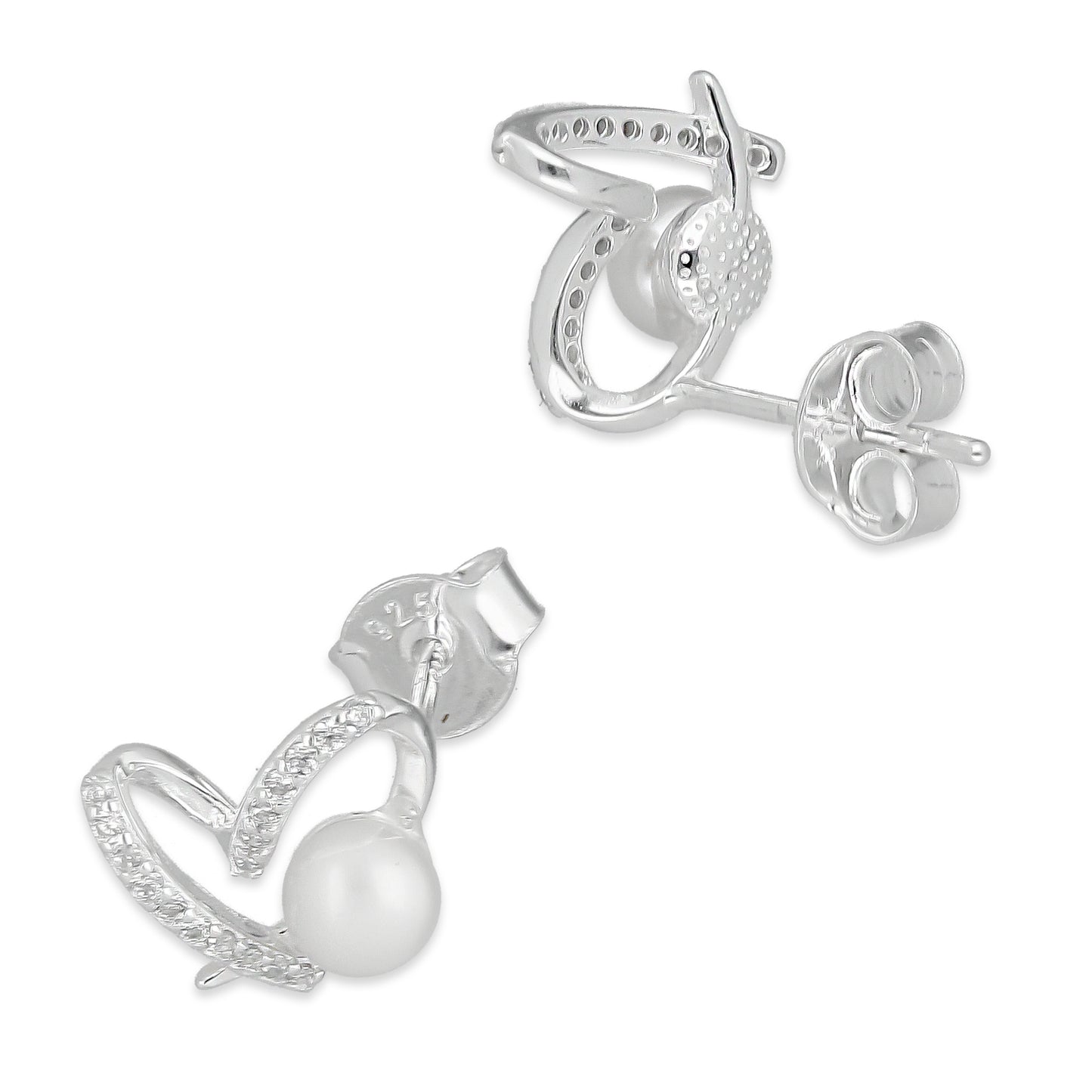 LPAP137 Arete Broquel Perla 4 mm Corazón Espiral con Zirconias en Plata .925 Taxco