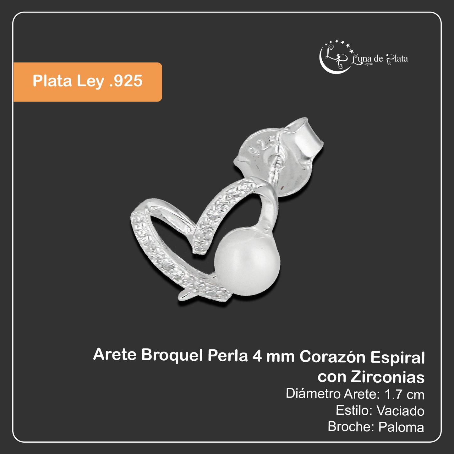 LPAP137 Arete Broquel Perla 4 mm Corazón Espiral con Zirconias en Plata .925 Taxco