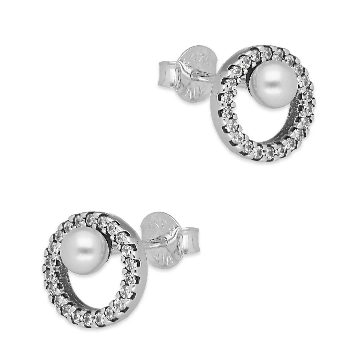 LPAP138 Arete Broquel Pandora Círculo con Zirconias y Perla en Plata .925 Taxco