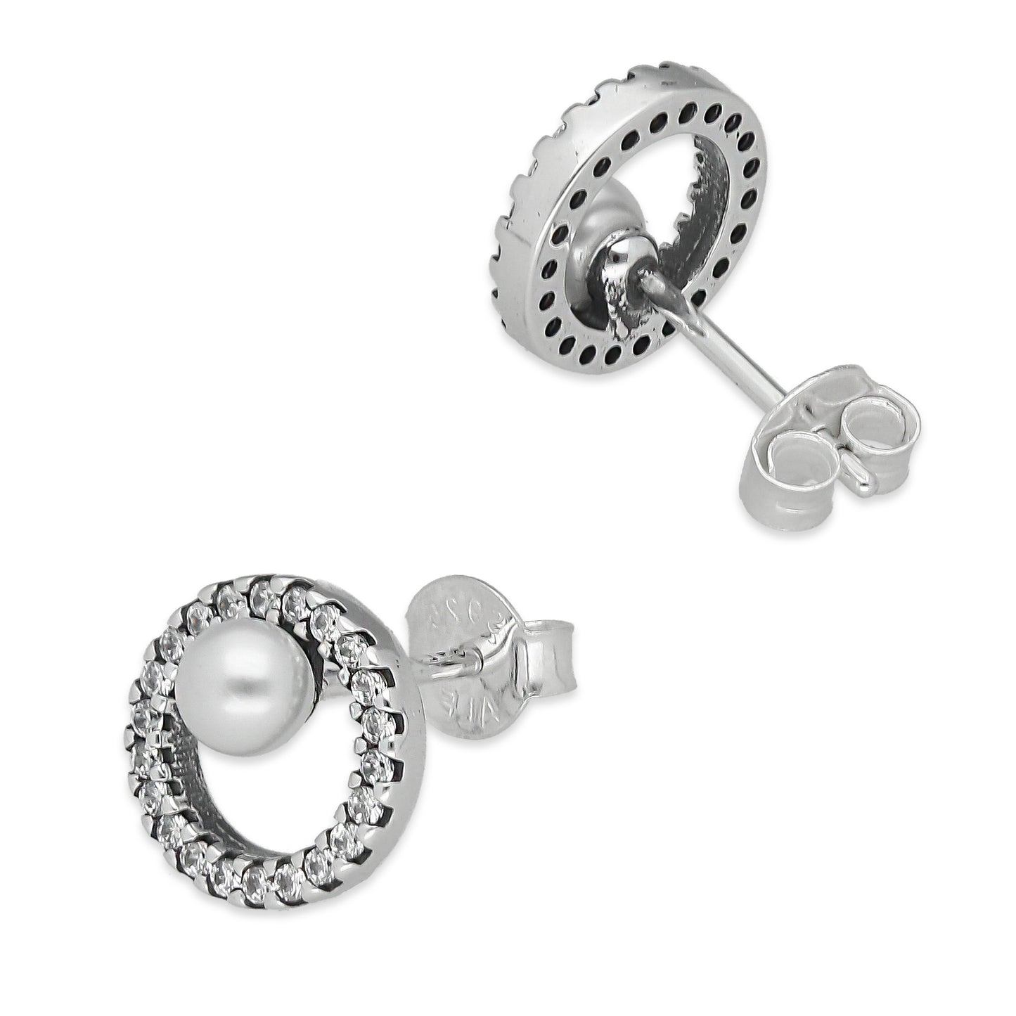 LPAP138 Arete Broquel Pandora Círculo con Zirconias y Perla en Plata .925 Taxco