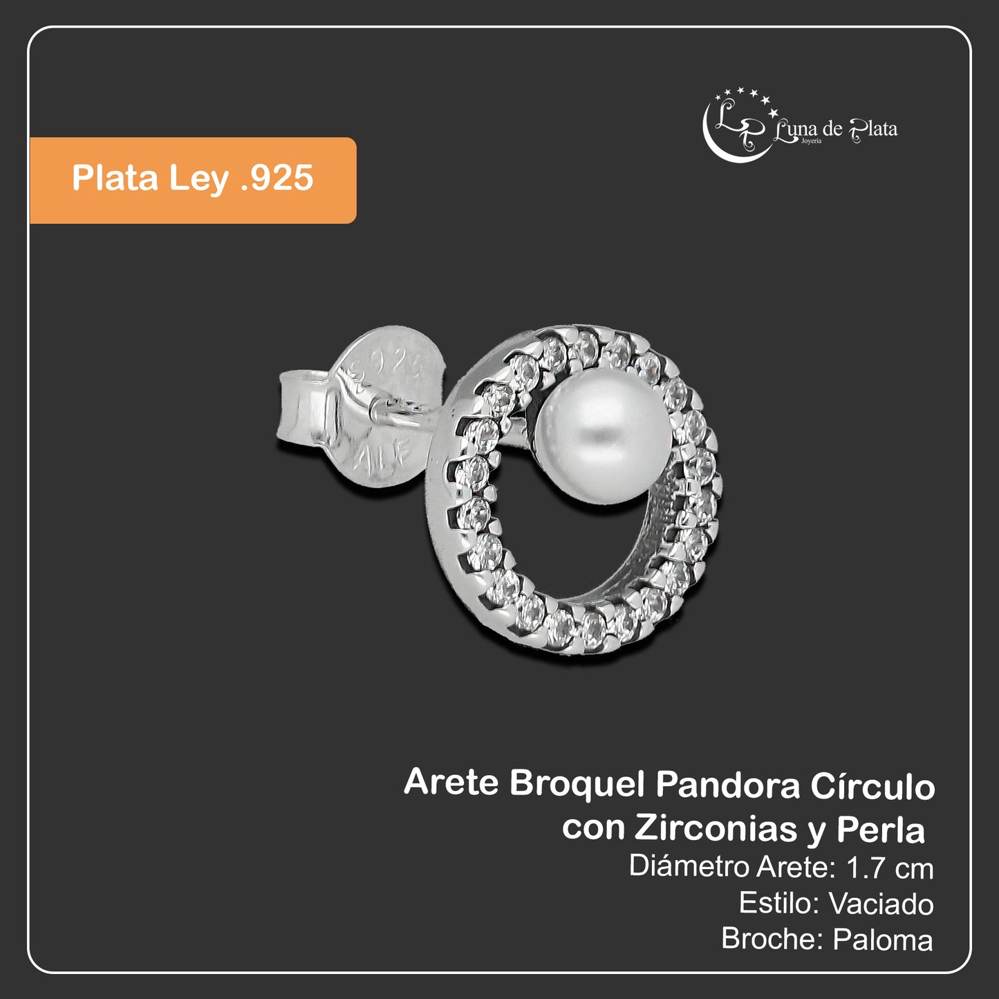 LPAP138 Arete Broquel Pandora Círculo con Zirconias y Perla en Plata .925 Taxco