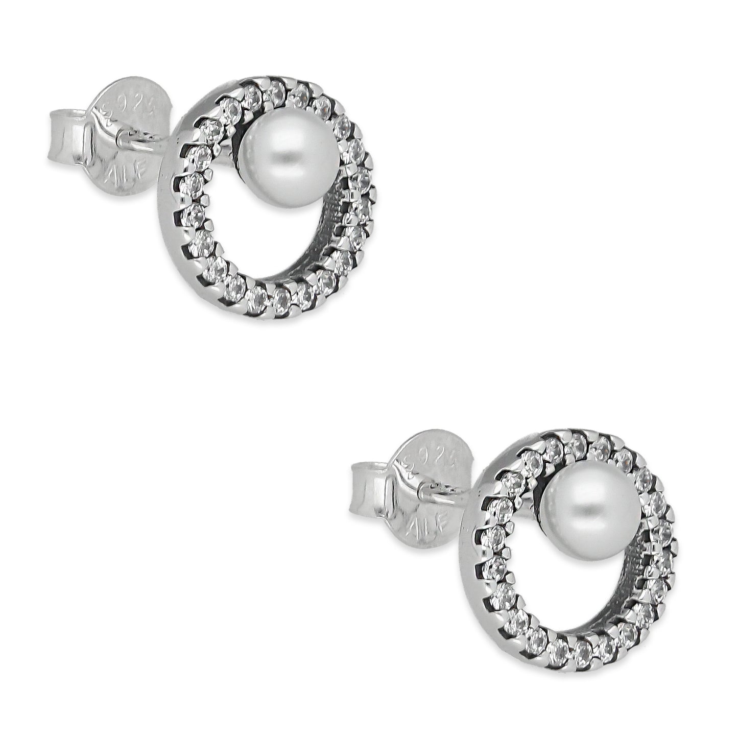 LPAP138 Arete Broquel Pandora Círculo con Zirconias y Perla en Plata .925 Taxco