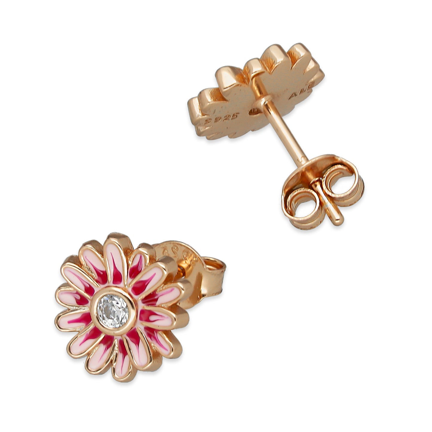 LPAP139 Arete Broquel Pandora Flor con Esmalte Plata Rosa con Zirconia en Plata .925 Taxco