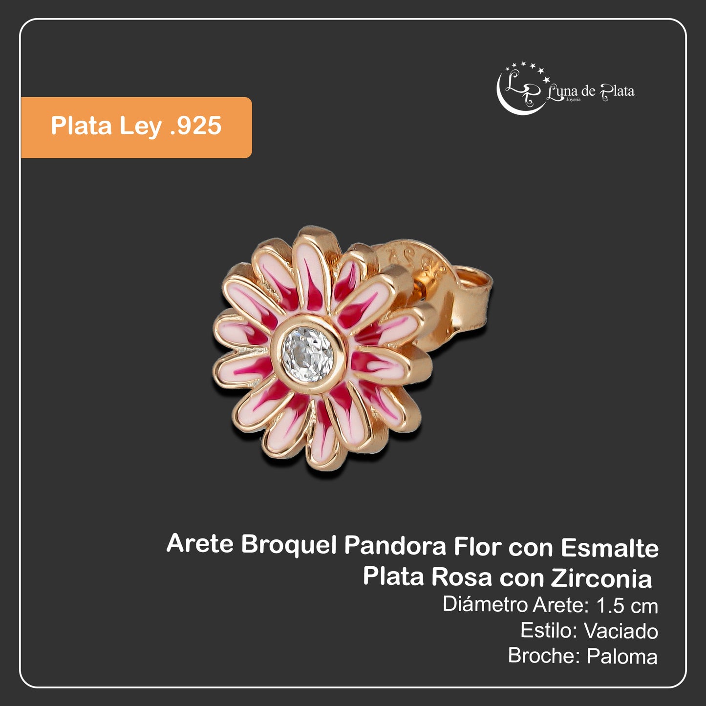 LPAP139 Arete Broquel Pandora Flor con Esmalte Plata Rosa con Zirconia en Plata .925 Taxco