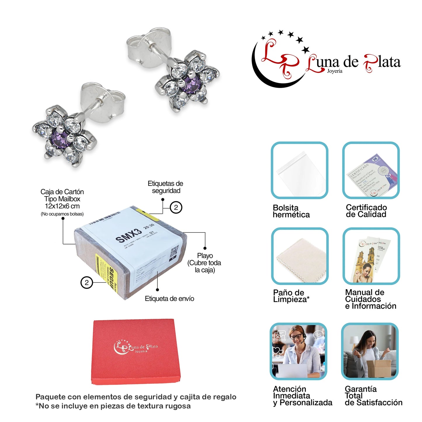 LPAP140 Arete Broquel Mini Flor Centro Violeta con Zirconias en Plata .925 Taxco