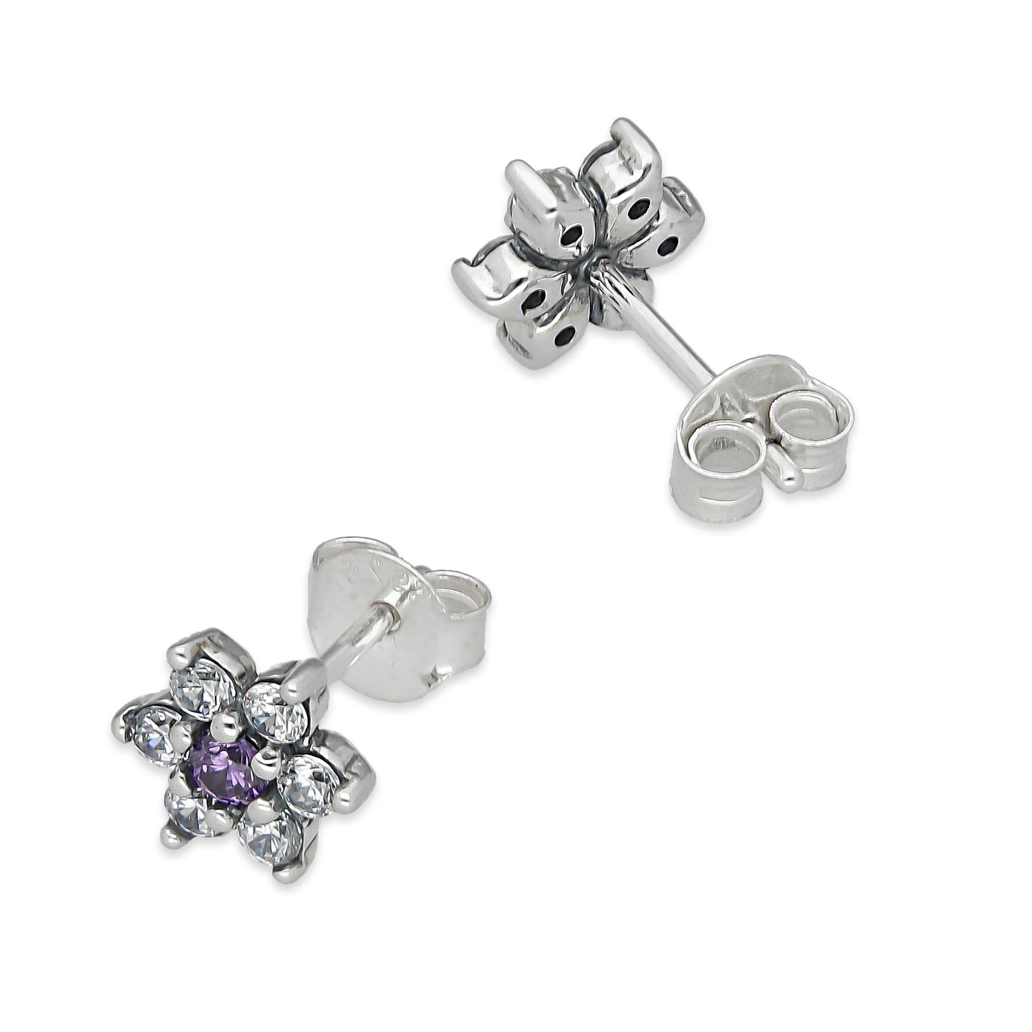 LPAP140 Arete Broquel Mini Flor Centro Violeta con Zirconias en Plata .925 Taxco