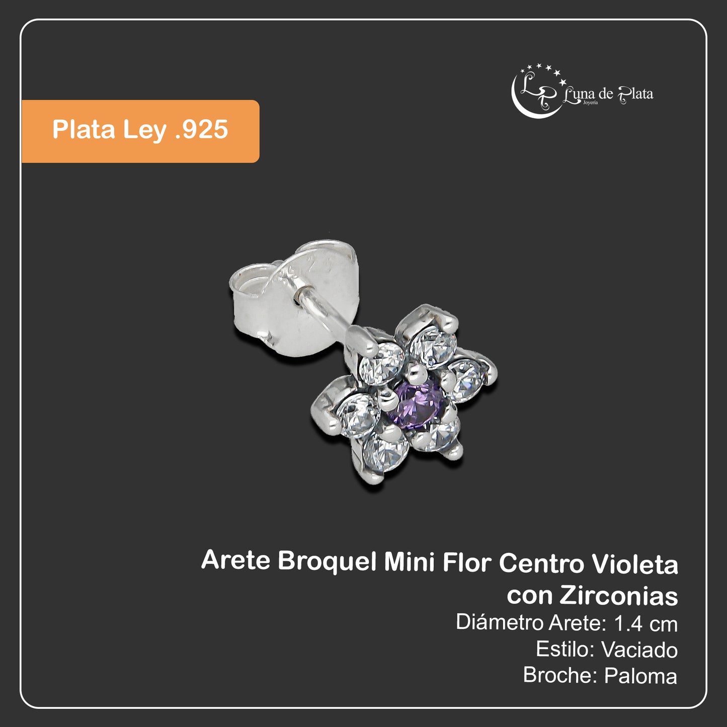 LPAP140 Arete Broquel Mini Flor Centro Violeta con Zirconias en Plata .925 Taxco