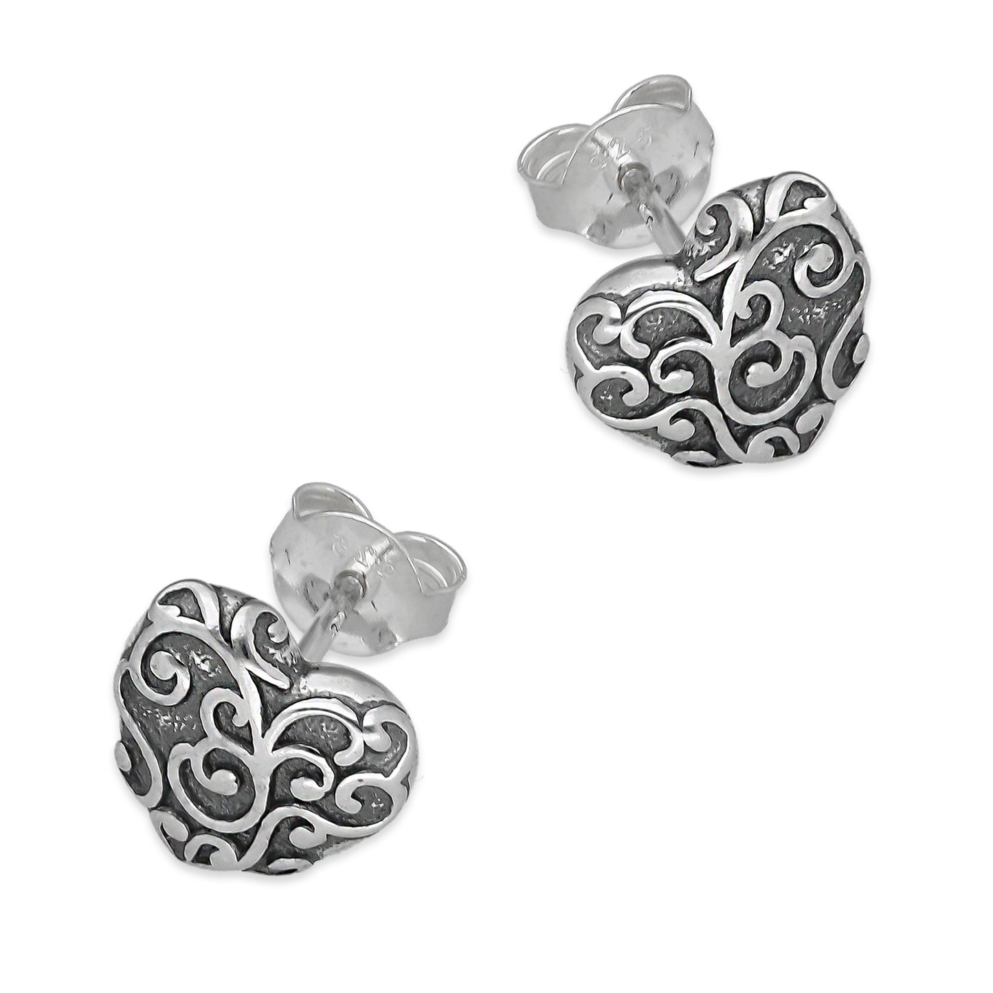 LPAP141 Arete Broquel Corazón Bombeado Ornamentado en Plata .925 Taxco