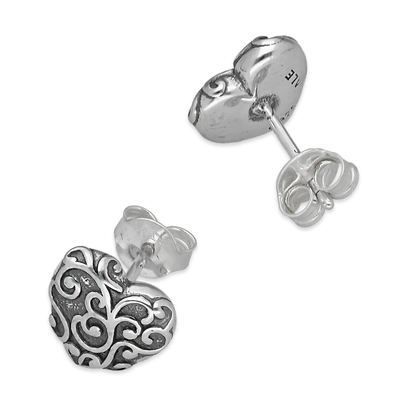 LPAP141 Arete Broquel Corazón Bombeado Ornamentado en Plata .925 Taxco