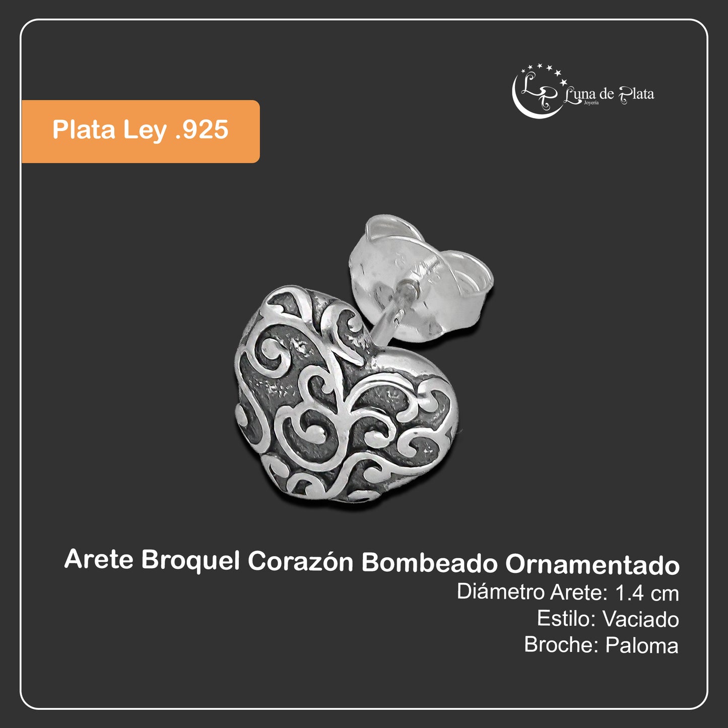 LPAP141 Arete Broquel Corazón Bombeado Ornamentado en Plata .925 Taxco