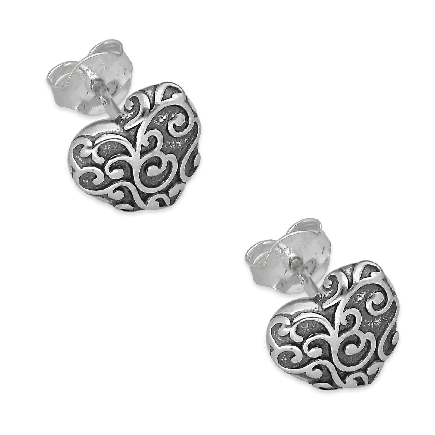 LPAP141 Arete Broquel Corazón Bombeado Ornamentado en Plata .925 Taxco