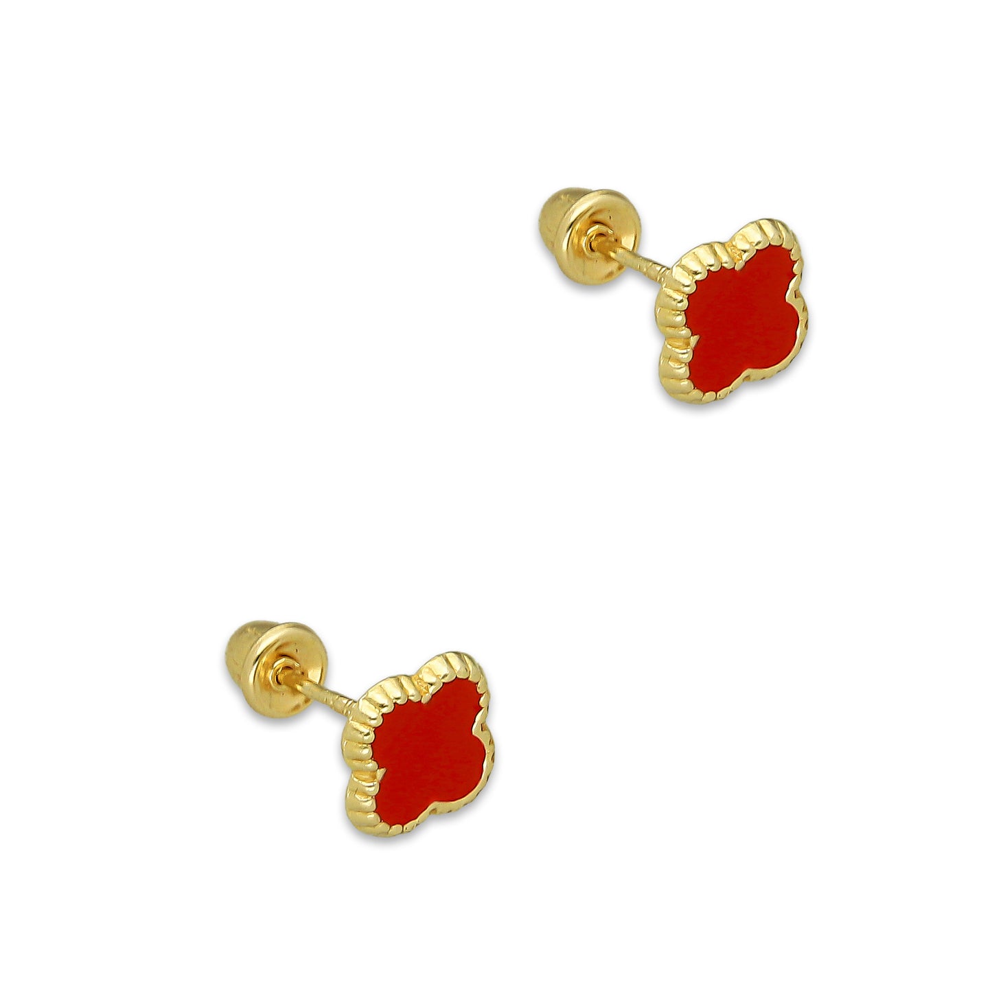 LPAUBR097 Aretes Broquel Oro Sólido 10K Trébol Esmalte Rojo 6 mm de Diámetro 776