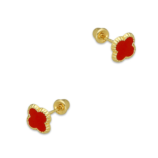 LPAUBR097 Aretes Broquel Oro Sólido 10K Trébol Esmalte Rojo 6 mm de Diámetro 776