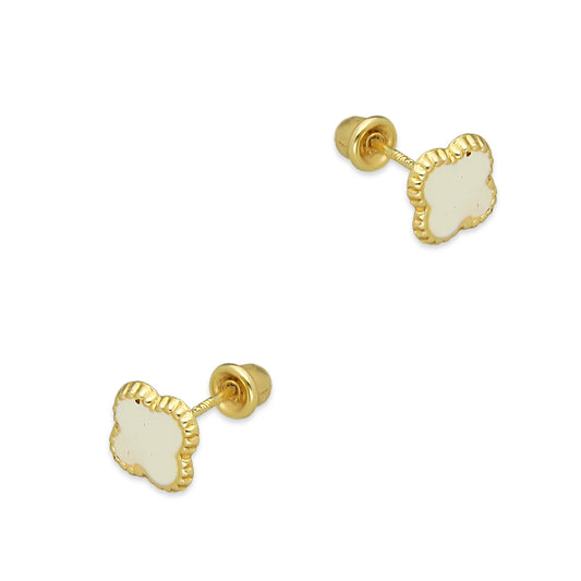 LPAUBR098 Aretes Broquel Oro Sólido 10K Trébol Esmalte Blanco 6 mm de Diámetro 776