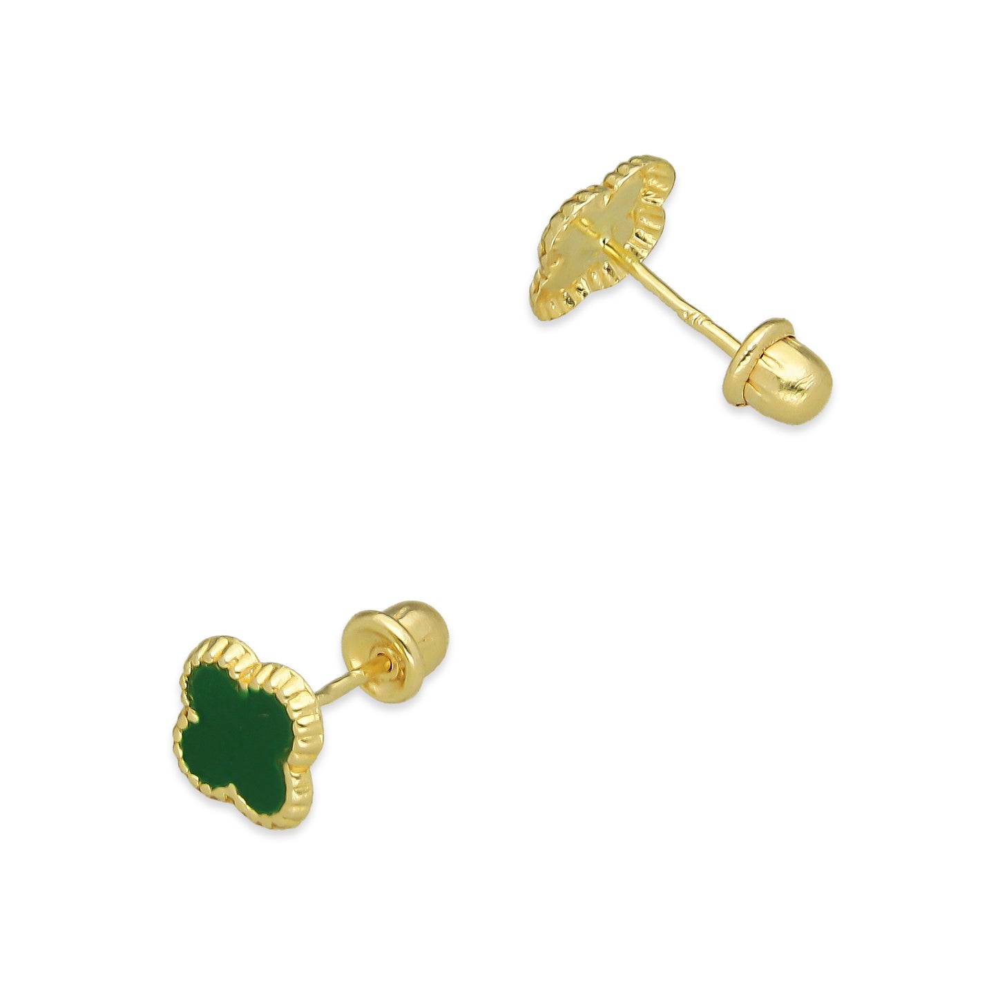 LPAUBR099 Aretes Broquel Oro Sólido 10K Trébol Esmalte Verde 6 mm de Diámetro 776
