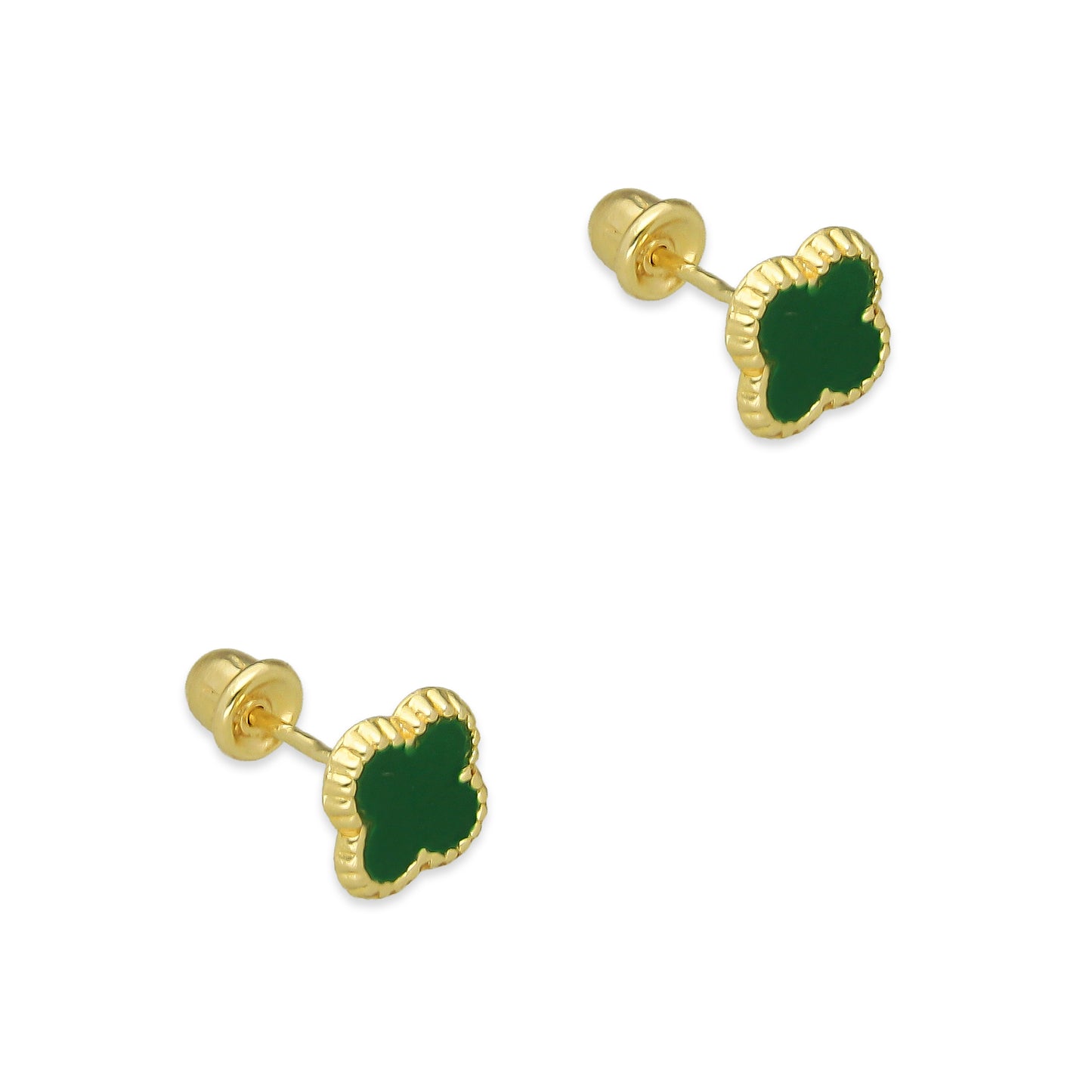 LPAUBR099 Aretes Broquel Oro Sólido 10K Trébol Esmalte Verde 6 mm de Diámetro 776
