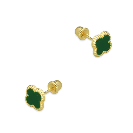 LPAUBR099 Aretes Broquel Oro Sólido 10K Trébol Esmalte Verde 6 mm de Diámetro 776