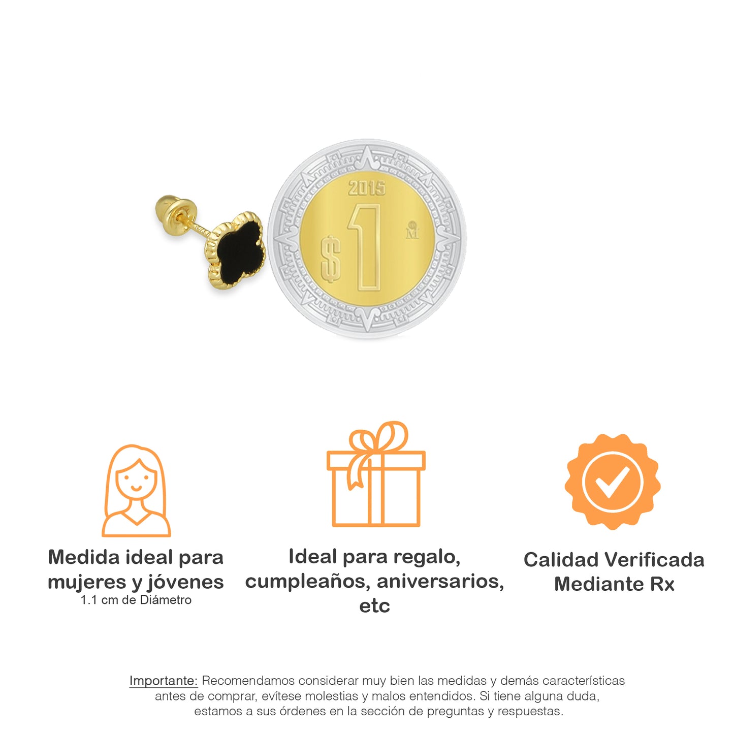 LPAUBR100 Aretes Broquel Oro Sólido 10K Trébol Esmalte Negro 6 mm de Diámetro 776