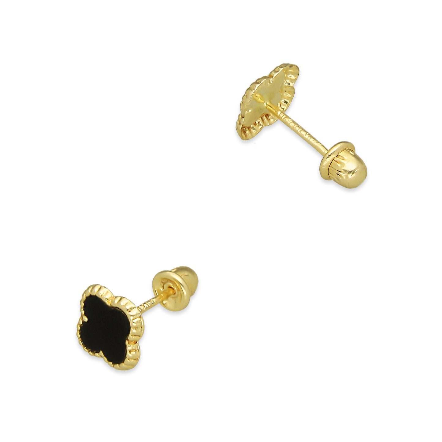 LPAUBR100 Aretes Broquel Oro Sólido 10K Trébol Esmalte Negro 6 mm de Diámetro 776
