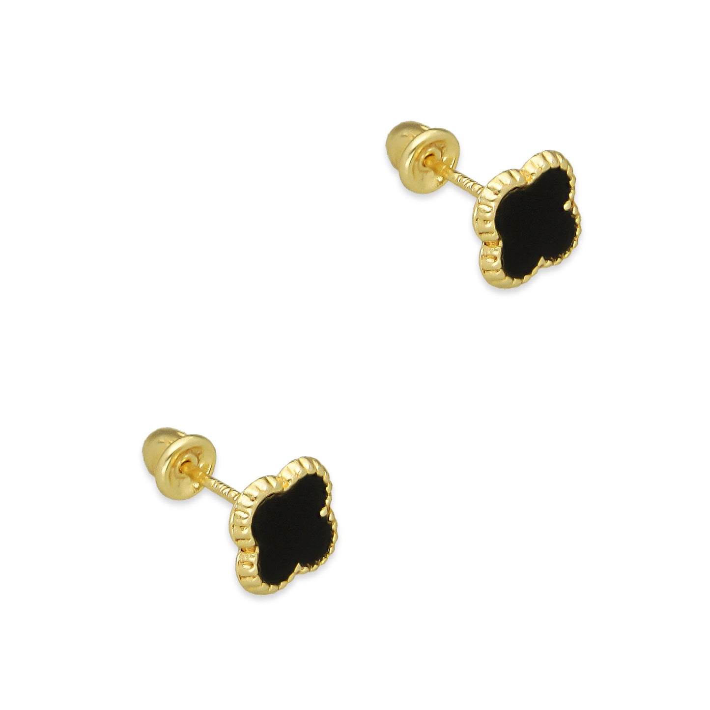 LPAUBR100 Aretes Broquel Oro Sólido 10K Trébol Esmalte Negro 6 mm de Diámetro 776