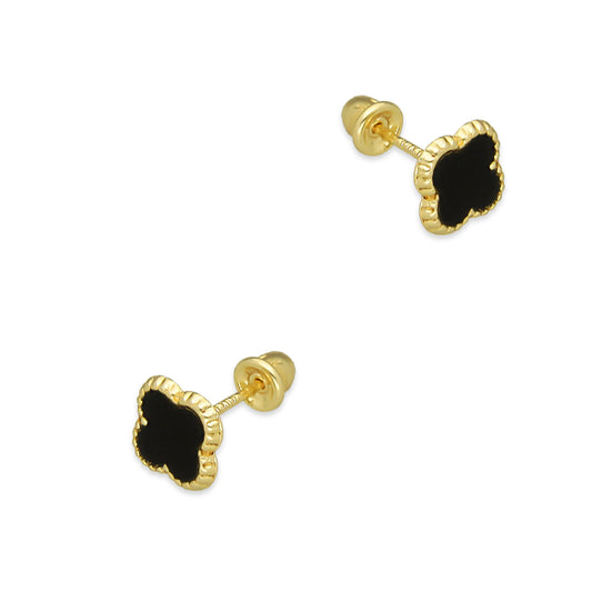LPAUBR100 Aretes Broquel Oro Sólido 10K Trébol Esmalte Negro 6 mm de Diámetro 776
